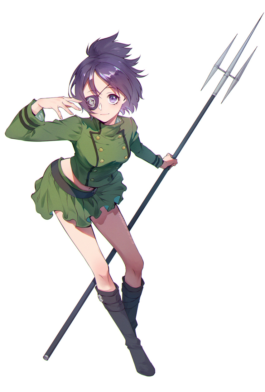 1girl boots chrome_dokuro closed_mouth eyepatch full_body highres katekyo_hitman_reborn! looking_at_viewer midriff polearm purple_eyes purple_hair short_hair simple_background skirt solo tanako_(645316096) weapon white_background