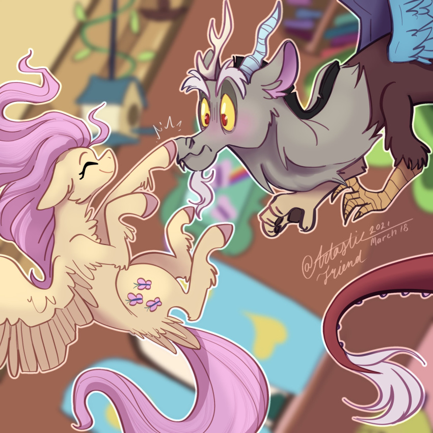 antlers artastic_friend beard blush boop brown_body chimera cutie_mark discord_(mlp) draconequus duo equid equine eyebrows eyelashes eyes_closed facial_hair female feral fingers fluttershy_(mlp) friendship_is_magic grey_body hair hasbro hi_res hooves horn male mammal my_little_pony pegasus pink_hair pink_tail sharp_teeth signature spikes teeth wings yellow_body yellow_sclera