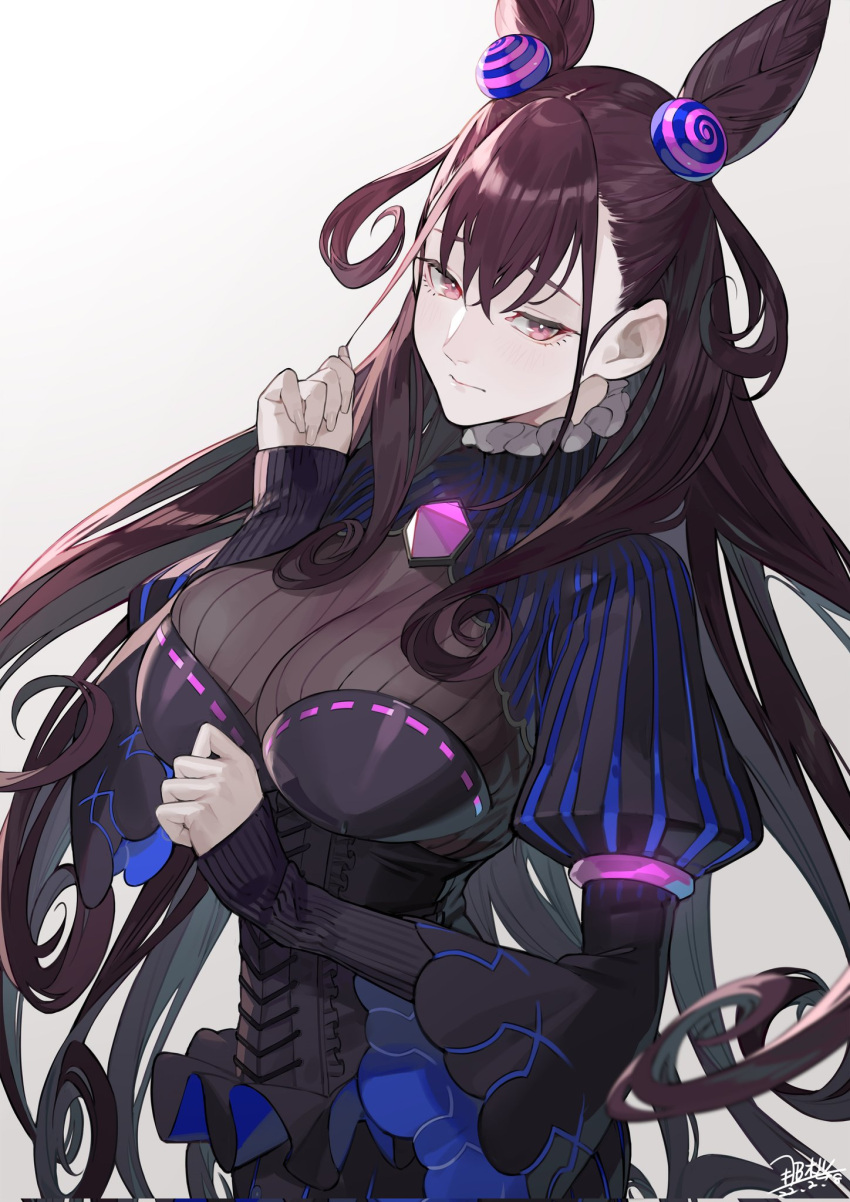 1girl bangs black_dress black_hair black_sweater blush breasts closed_mouth commentary_request corset curly_hair dated double_bun dress eyebrows_visible_through_hair fate/grand_order fate_(series) frilled_shirt_collar frills hair_between_eyes hair_bun hair_cones hair_ornament highres large_breasts long_hair long_sleeves looking_away murasaki_shikibu_(fate) nao_(syn_eaa) pink_eyes ribbed_sweater signature simple_background sleeves_past_wrists solo striped striped_dress sweater upper_body very_long_hair white_background