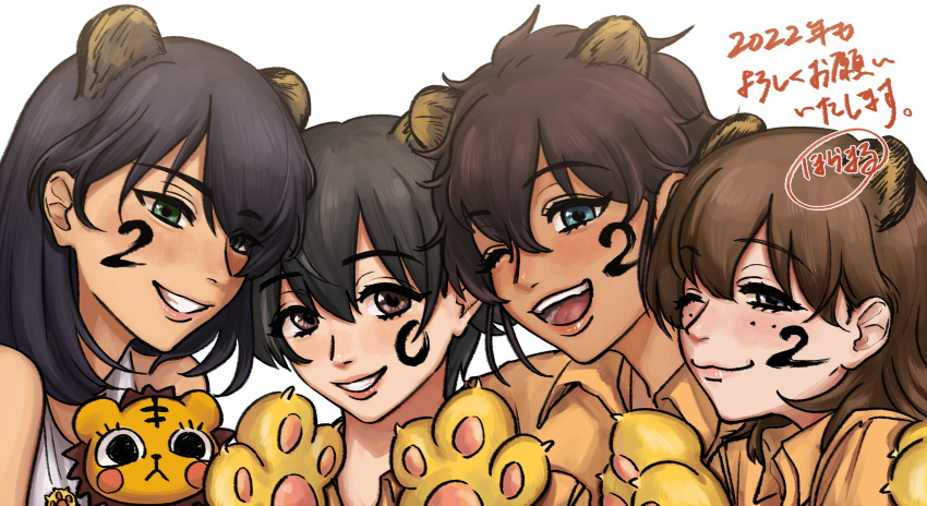 2022 4girls absurdres animal_ears animal_hands artist_name bangs black_hair blue_eyes bob_cut brown_eyes brown_hair closed_mouth commentary dark-skinned_female dark_skin eyebrows_visible_through_hair facepaint freckles girls_und_panzer gloves green_eyes grin half-closed_eyes highres hora_maru_mate hoshino_(girls_und_panzer) jumpsuit leopon_(animal) long_sleeves looking_at_viewer mechanic multiple_girls nakajima_(girls_und_panzer) new_year one_eye_closed open_mouth orange_jumpsuit paw_gloves pose shirt short_hair signature smile suzuki_(girls_und_panzer) tank_top tiger_ears translated tsuchiya_(girls_und_panzer) uniform white_background white_shirt