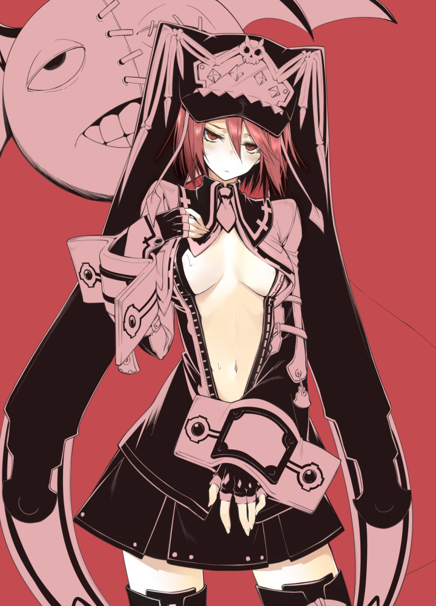 10mo 1girl areola_slip areolae black_dress black_gloves black_legwear black_skirt blush breasts center_opening cleavage_cutout clothing_cutout dress fingerless_gloves gloves guilty_gear guilty_gear_2 hair_between_eyes hand_on_own_chest hat headpiece highres legs_apart long_sleeves looking_at_viewer lucifero medium_breasts medium_hair navel necktie no_bra open_mouth red_background red_eyes red_hair red_necktie short_hair simple_background skirt skull solo stomach sweat sweatdrop thighhighs valentine_(guilty_gear)