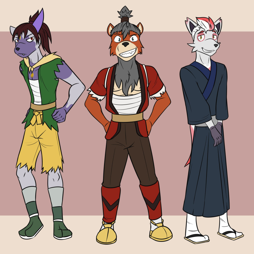 anthro bottomwear clothed clothing footwear fully_clothed fuze group hands_on_hips hi_res hisuian_arcanine hisuian_sneasel hisuian_zorua male nintendo nipples open_clothing open_shirt open_topwear pok&eacute;mon pok&eacute;mon_(species) regional_form_(pok&eacute;mon) robe sandals shirt shoes shorts simple_background stomach_wraps topwear torn_clothing trio video_games