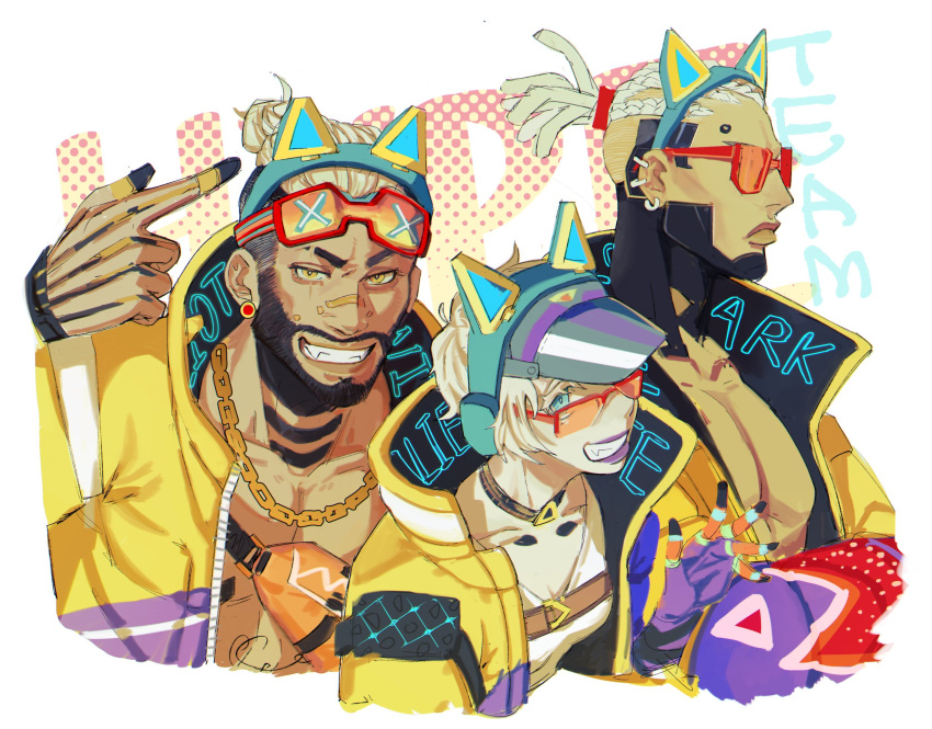 1girl 2boys apex_legends bandaid bandaid_on_nose blonde_hair blue_eyes breasts brown_hair cat_ear_headphones chinese_commentary cleavage collarbone cornrows crypto_(apex_legends) fang fanny_pack finger_gun goggles goggles_on_head headphones highres hype_beast_crypto jacket lit_witt_mirage mirage_(apex_legends) multiple_boys official_alternate_costume pectorals ponytail purple_lips smile sunglasses thunder_kitty_wattson visor_cape wattson_(apex_legends) white_background yellow_eyes yellow_jacket yitiao_da_shu