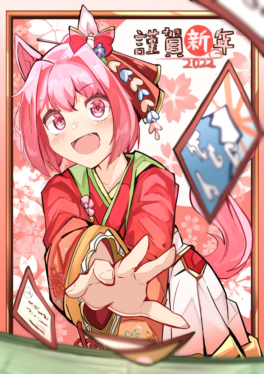 1girl 2022 all_fours animal_ears blurry blush card depth_of_field fang hair_intakes hair_ornament hakama haru_urara_(umamusume) highres hip_vent horse_ears horse_girl horse_tail japanese_clothes kimono long_sleeves looking_at_viewer new_year open_mouth outstretched_arm pink_eyes pink_hair red_kimono shi_(kamokamo910) short_hair smile solo tail umamusume