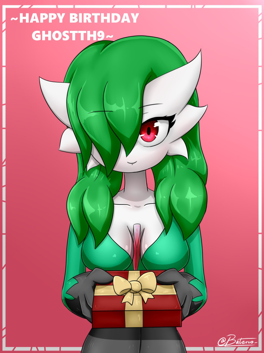 2022 baterco birthday_gift breasts english_text female gardevoir green_hair hair hair_over_eye hi_res holding_object humanoid long_hair nintendo not_furry one_eye_obstructed pink_background pok&eacute;mon pok&eacute;mon_(species) red_eyes ruby_(ghostth39) signature simple_background smile smiling_at_viewer solo text video_games