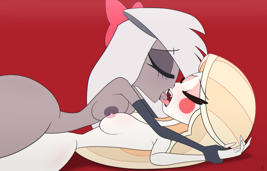 absurd_res anthro aobacarry arthropod blonde_hair breasts charlie_(hazbin_hotel) demon duo female female/female french_kissing grey_body hair hand_holding hazbin_hotel hi_res humanoid kissing nipples_touching nude vaggie_(hazbin_hotel) white_body white_hair