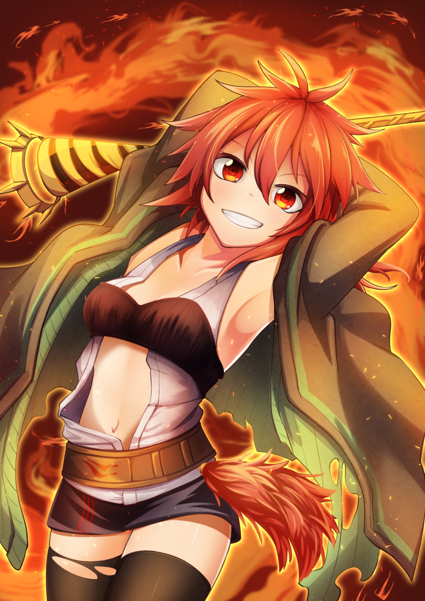 1girl armpits arms_up ashiroku_(miracle_hinacle) belt breasts coat duel_monster highres hiita_the_fire_charmer long_hair long_sleeves looking_at_viewer miniskirt navel red_eyes red_hair skirt sleeveless solo staff thighhighs torn_clothes torn_legwear yu-gi-oh!