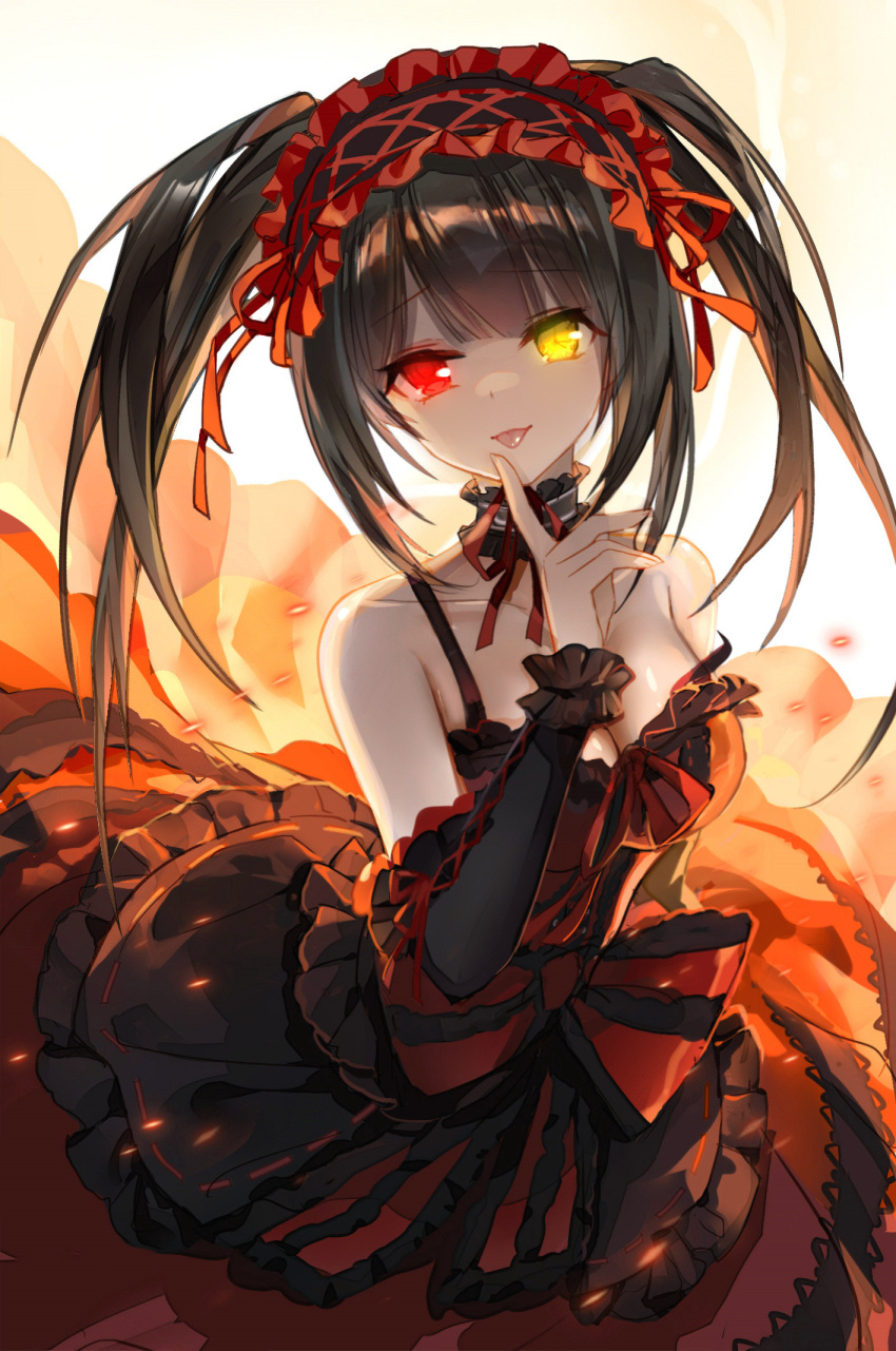 1girl bangs bare_shoulders black_hair breasts cleavage clock_eyes collarbone date_a_live detached_sleeves dress eyebrows_visible_through_hair gekka_nanako hairband heterochromia highres index_finger_raised lolita_fashion lolita_hairband long_hair looking_at_viewer medium_breasts red_dress red_eyes revision shiny shiny_skin smile solo symbol-shaped_pupils tokisaki_kurumi tongue tongue_out twintails yellow_eyes