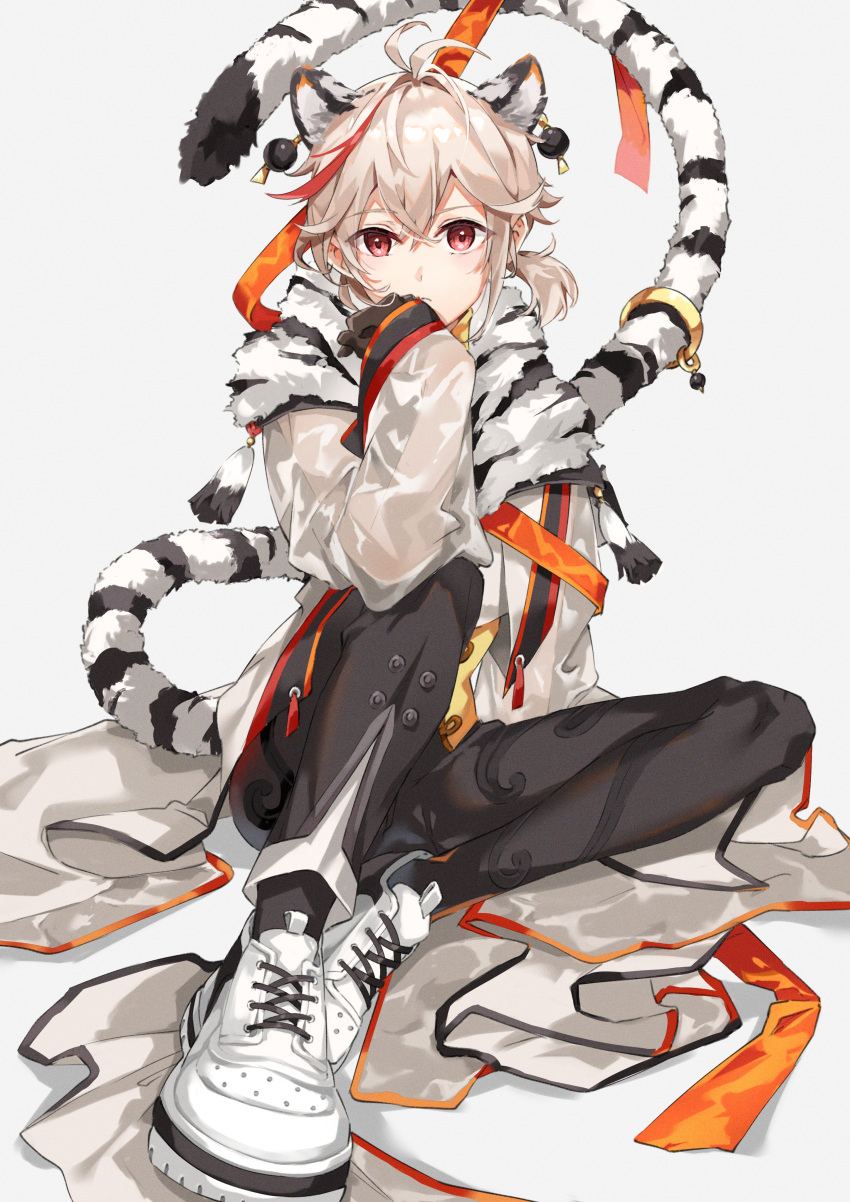 1boy absurdres animal_ears bangs black_legwear black_pants bow earrings genshin_impact highres jewelry kaedehara_kazuha kemonomimi_mode long_sleeves low_ponytail male_focus multicolored_hair on_floor pants red_bow red_eyes see-through_sleeves shoes short_ponytail sitting sneakers socks solo strap streaked_hair tail tail_ornament tail_ring tiger_boy tiger_ears tiger_tail white_footwear white_hair yuitonoel