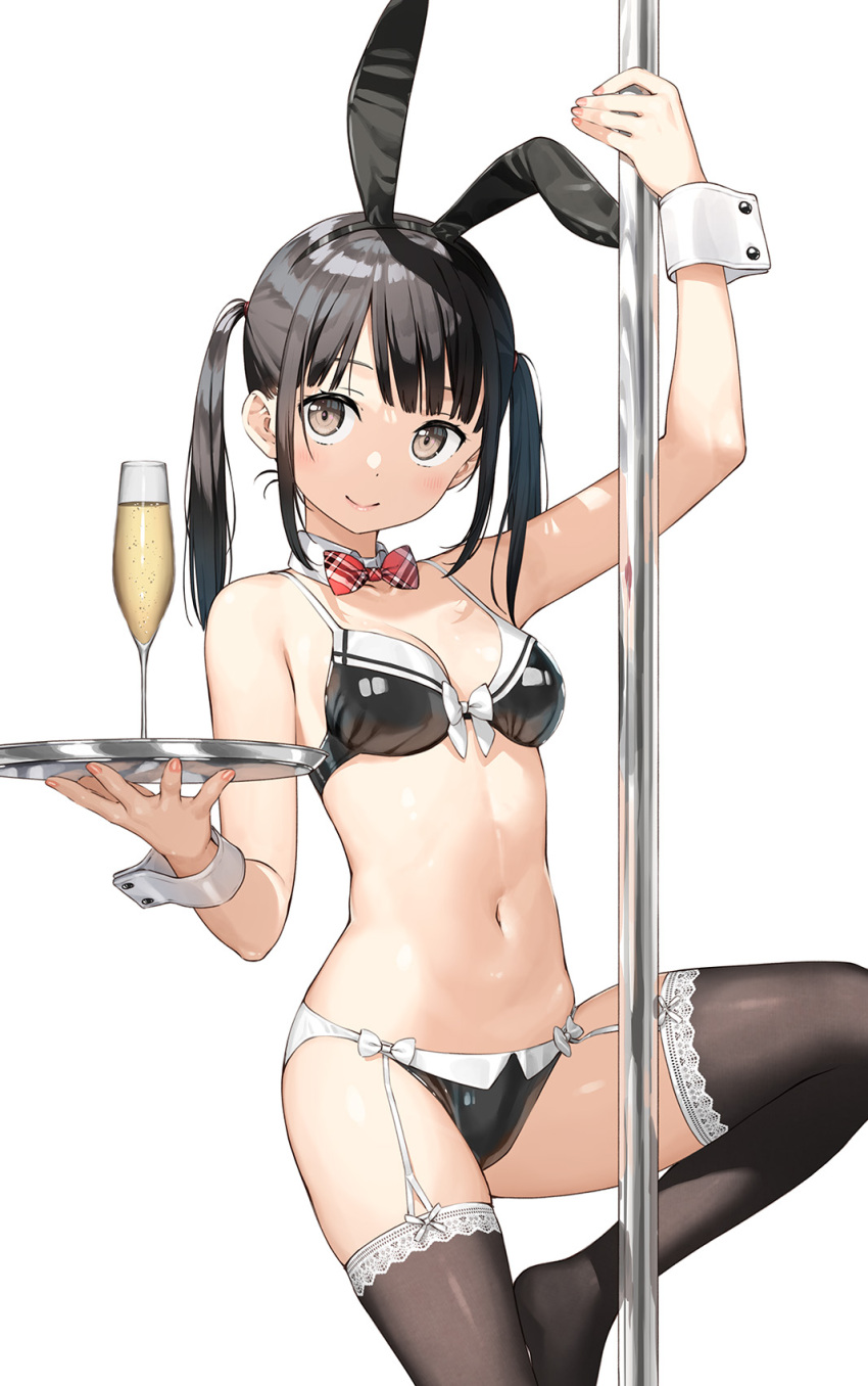 1girl animal_ears bikini black_bikini black_hair black_legwear bow bowtie breasts brown_eyes champagne_flute cleavage closed_mouth cup detached_collar drinking_glass fake_animal_ears full_body garter_straps hairband highres kantoku long_hair medium_breasts navel no_shoes original plaid playboy_bunny_swimsuit pole pole_dancing rabbit_ears sidelocks simple_background smile solo standing standing_on_one_leg stripper stripper_pole swimsuit thighhighs tiptoes tray twintails white_background wrist_cuffs