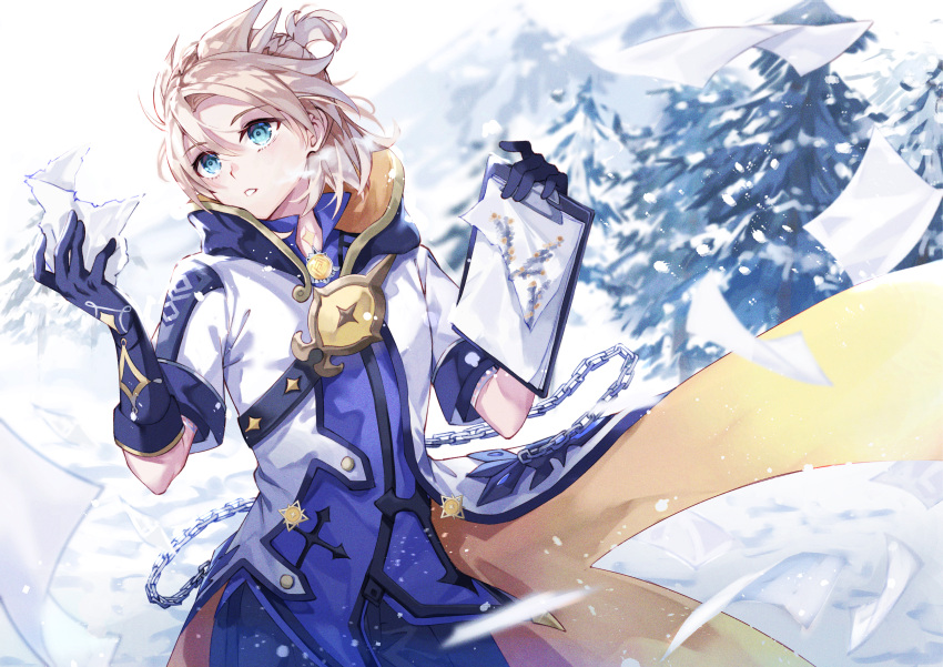 1boy absurdres albedo_(genshin_impact) bangs black_gloves blue_eyes blue_shirt breath chain coat day genshin_impact gloves grey_hair highres holding male_focus mountain open_clothes open_coat outdoors paper parted_lips scar scar_on_neck shirt short_sleeves snow snowing solo tree vision_(genshin_impact) white_coat wind yuitonoel