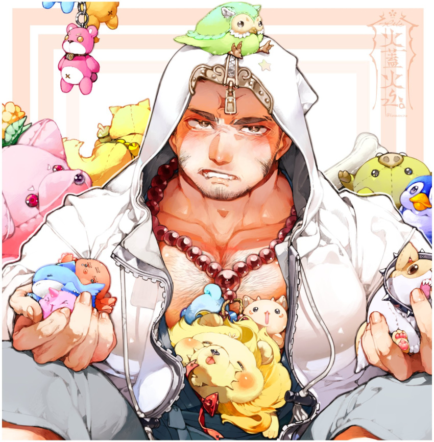 1boy artist_name bara blush chest_hair creature_on_head cross_scar facial_hair goatee highres hood hood_up hoodie houzouin_oniwaka kazanniro large_pectorals long_sideburns male_focus mature_male muscular muscular_male pectoral_cleavage pectorals scar scar_on_face scar_on_forehead short_hair sideburns simple_background solo stubble stuffed_animal stuffed_toy thick_eyebrows tokyo_afterschool_summoners upper_body