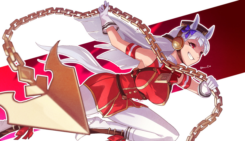1girl animal_ears bangs boots bow bowtie breasts brown_headwear chain gloves gold_ship_(umamusume) grin hey_cre high_heel_boots high_heels highres holding horse_ears horse_girl horse_tail large_breasts long_hair open_mouth pants purple_hair red_bow red_bowtie red_eyes red_shirt shirt sleeveless sleeveless_shirt smile solo tail teeth umamusume white_footwear white_gloves white_pants