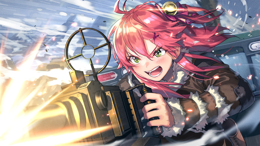 1girl antenna_hair bangs bell blush bow brown_jacket commentary_request firing fur_trim green_eyes hair_bell hair_between_eyes hair_bow hair_ornament hikosan hololive jacket jingle_bell long_hair long_sleeves one_side_up open_mouth pink_hair red_bow sakura_miko solo teeth uncharted_4 x_hair_ornament