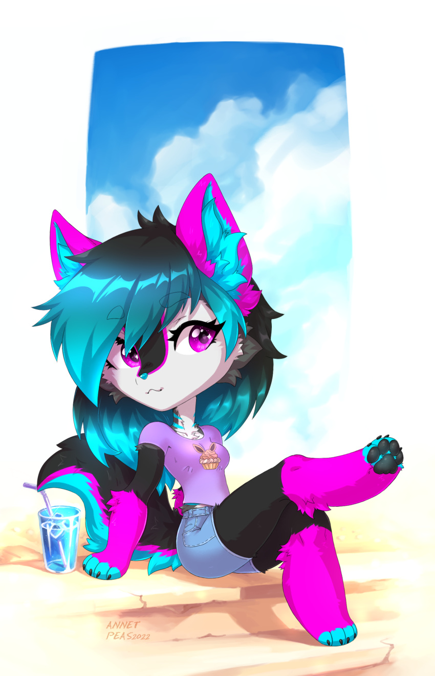 absurd_res annetpeas beverage blue_body blue_fur bottomwear canid canine canis chibi claws clothing cute_expression cute_eyes female fur hi_res mammal outside pink_body pink_eyes pink_fur shirt shorts sitting solo spring spring_(season) summer t-shirt topwear wolf yozora