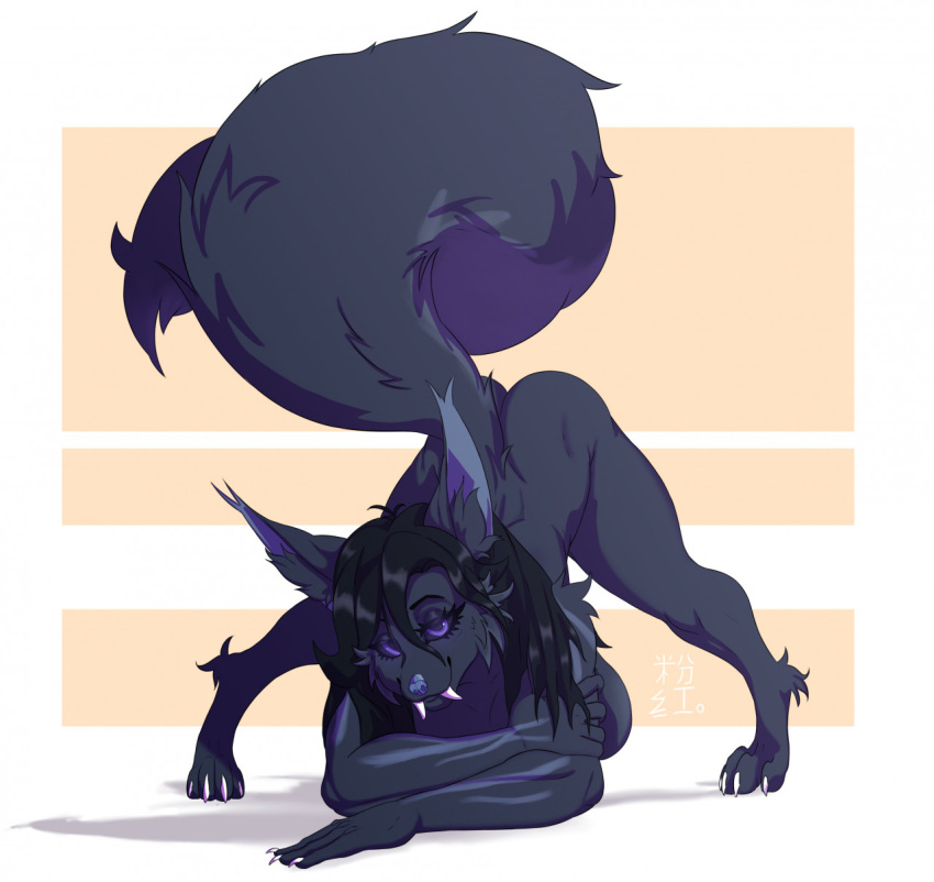 anthro black_hair breasts canid canine canis fangs female fur grey_body grey_fur hair hi_res hibris jack-o'_pose long_hair long_tail mammal pose purple_eyes simple_background solo teeth were werecanid werecanine werewolf wolf