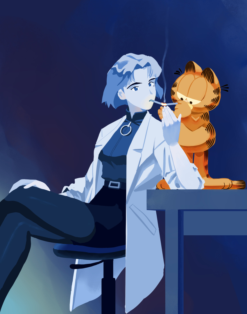 1boy 1girl absurdres akagi_ritsuko animal_ears bangs belt black_shirt blue_background blue_theme cat_boy cat_ears cat_tail chair cigarette coat commentary crossover desk english_commentary garfield garfield_(character) high_collar highres labcoat long_sleeves mole mole_under_eye monochrome neon_genesis_evangelion ninemeaw office_chair on_desk pantyhose pencil_skirt shirt shirt_tucked_in short_hair simple_background sitting skirt smoking spot_color tail