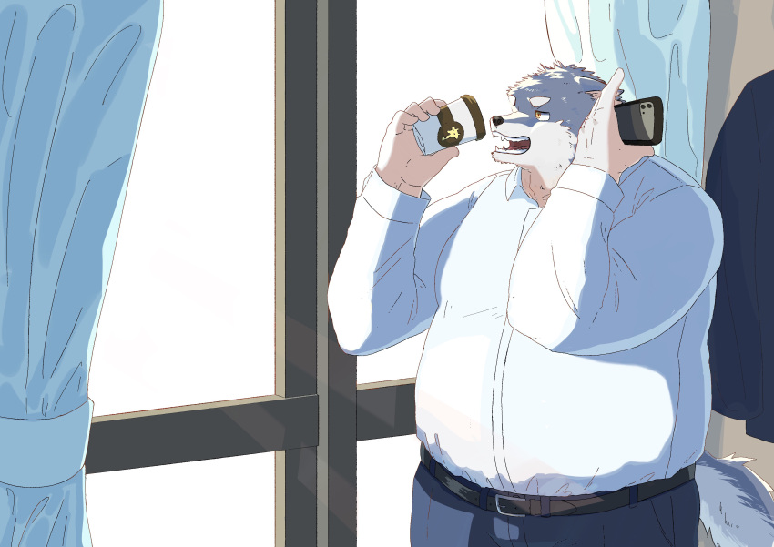 2022 absurd_res anthro belly bottomwear canid canine canis cellphone clothing container cup en_1_9 hi_res humanoid_hands inside kemono male mammal overweight overweight_male pants phone shirt smartphone solo topwear window wolf