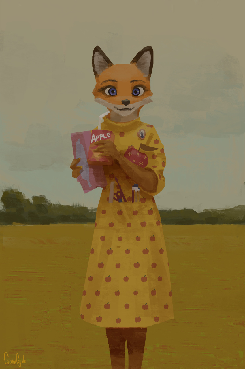 2022 absurd_res anthro blue_eyes canid canine clothing dress fantastic_mr._fox female field fox fur gamgyuls grass hi_res mammal mrs._fox orange_body orange_fur plant solo