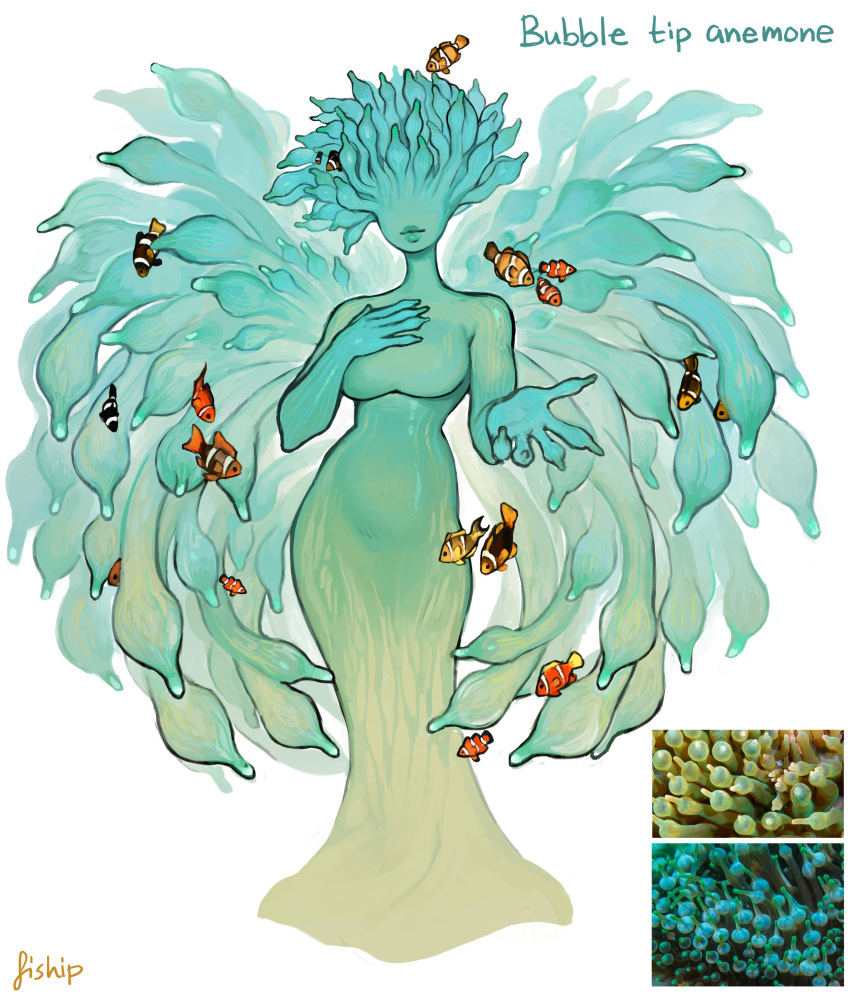 1girl absurdres blue_skin breasts closed_mouth clownfish colored_skin facing_viewer fish gradient_skin green_lips green_skin highres large_breasts lipstick makeup matilda_fiship monster_girl no_eyes no_legs original plant_girl sea_anemone tentacle_hair wings