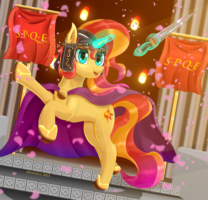 2021 absurd_res blue_eyes cutie_mark detailed_background divifilly equid equine fan_character female feral friendship_is_magic gladius hasbro hi_res horn mammal mane multicolored_mane my_little_pony roman_clothing roman_empire signature solo standard two_tone_mane unicorn yellow_body