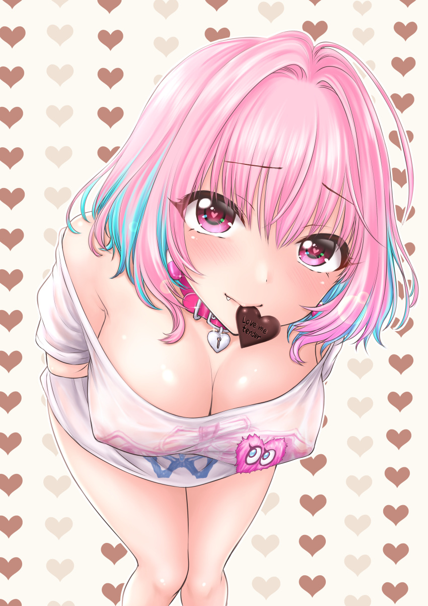 1girl absurdres ahoge blue_hair blush bob_cut breasts chocolate cleavage covered_nipples eyebrows_visible_through_hair fang feet_out_of_frame hair_intakes heart heart-shaped_pupils heart_background highres idolmaster idolmaster_cinderella_girls large_breasts leaning_forward leather_choker looking_at_viewer mouth_hold multicolored_hair no_bra no_pants oversized_clothes oversized_shirt ozaki_mirai pink_hair shirt symbol-shaped_pupils two-tone_hair yumemi_riamu