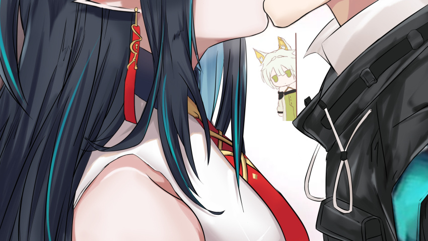 1boy 2girls animal_ears arknights bare_shoulders black_coat black_hair blue_hair cat_ears chibi chinese_commentary coat commentary_request doctor_(arknights) dress dusk_(arknights) earrings from_side green_eyes head_out_of_frame hetero highres jewelry kal'tsit_(arknights) kiss long_hair long_wuxian multicolored_hair multiple_girls necktie pointy_ears red_necktie sidelocks silver_hair sleeveless sleeveless_dress streaked_hair two-tone_hair upper_body walk-in white_background white_dress