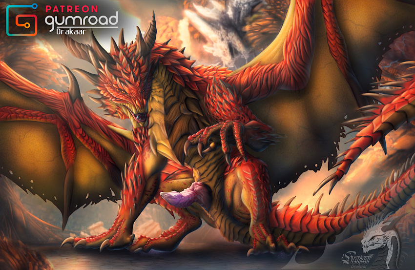 2021 amber_eyes bedroom_eyes capcom claws detailed detailed_background digital_drawing_(artwork) digital_media_(artwork) dragon drakaar elder_dragon erection feral genitals horn male monster monster_hunter muscular muscular_male narrowed_eyes nude open_mouth orange_body penis plated_scales presenting red_body reptile safi'jiiva scales scalie seductive shaded signature slit smile solo spread_wings teeth text unusual_anatomy url video_games watermark western_dragon wings xeno'jiiva