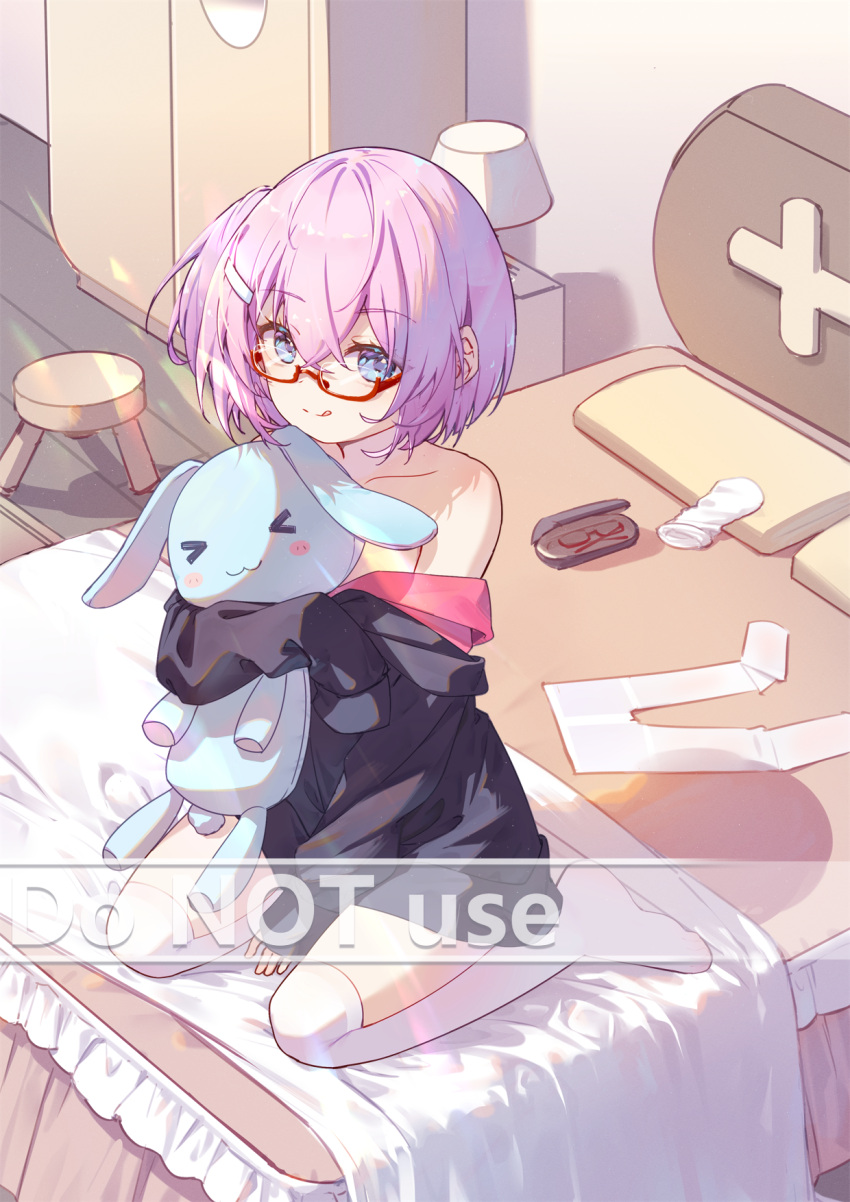 &gt;_&lt; 1girl :3 :q bangs bare_shoulders between_legs black_shirt blue_eyes closed_mouth commentary_request english_text eyebrows_visible_through_hair glasses glasses_case hair_between_eyes hair_ornament hairclip hand_between_legs highres indoors long_sleeves mo_(pixiv9929995) no_shoes object_hug off_shoulder on_bed one_side_up original pantyhose pantyhose_removed pillow pink_hair red-framed_eyewear seiza semi-rimless_eyewear shirt sitting sleeves_past_fingers sleeves_past_wrists smile solo stuffed_animal stuffed_bunny stuffed_toy thighhighs tongue tongue_out under-rim_eyewear watermark white_legwear wooden_floor