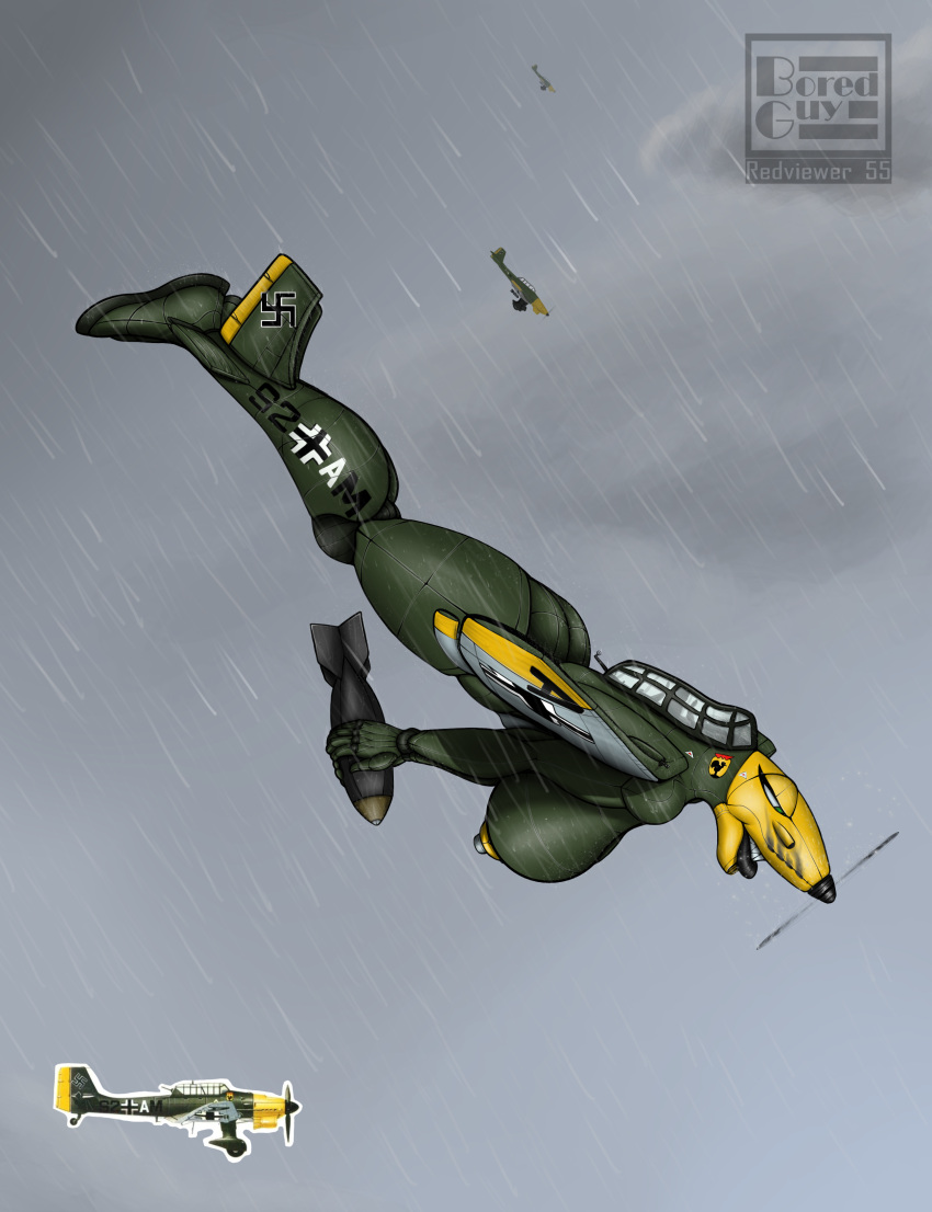 2022 absurd_res aircraft aircraft_humanoid airplane airplane_humanoid anthro big_breasts bomb breasts explosives female flying full-length_portrait green_body hi_res holding_bomb holding_object holding_weapon ju_87 living_aircraft living_airplane living_machine living_vehicle machine nazi nipples not_furry nude portrait raining redviewer_55 side_view solo swastika vehicle weapon world_war_2