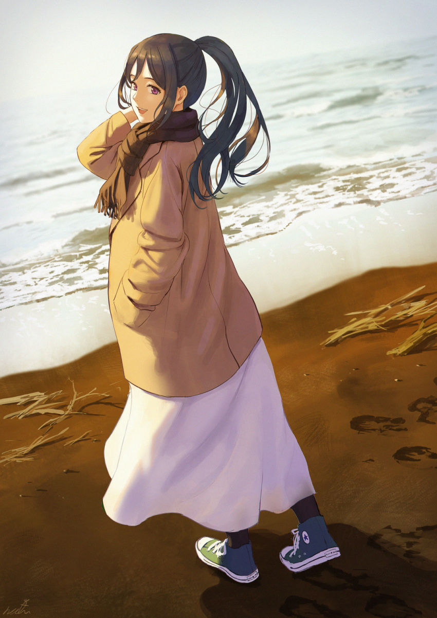 1girl beach beige_coat black_scarf coat commentary converse dark_blue_hair from_behind full_body green_footwear hand_in_pocket hand_up highres long_hair long_skirt looking_at_viewer looking_back love_live! love_live!_sunshine!! matsuura_kanan open_mouth pantyhose papi_(papiron100) ponytail purple_eyes scarf shoes signature skirt smile sneakers solo sunset teeth translated upper_teeth white_skirt