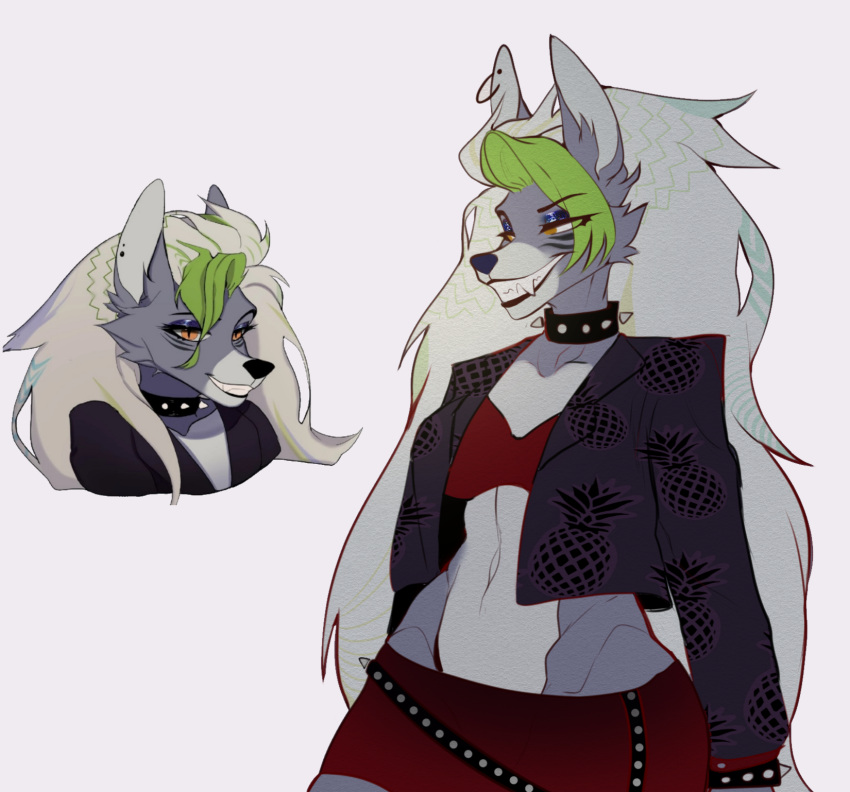 anthro black_nose black_tie_(suit) blue_body bottomwear brassiere canid canine canis clothing clothing_aside collar collarbone crow449 dominant ear_piercing ear_ring eyeshadow fangs female five_nights_at_freddy's five_nights_at_freddy's:_security_breach fox fur green_hair grey_body grey_fur hair hi_res long_hair machine makeup mammal piercing roxanne_wolf_(fnaf) scottgames silver_hair skirt smile solo spikes suit video_games wide_hips wolf yellow_eyes