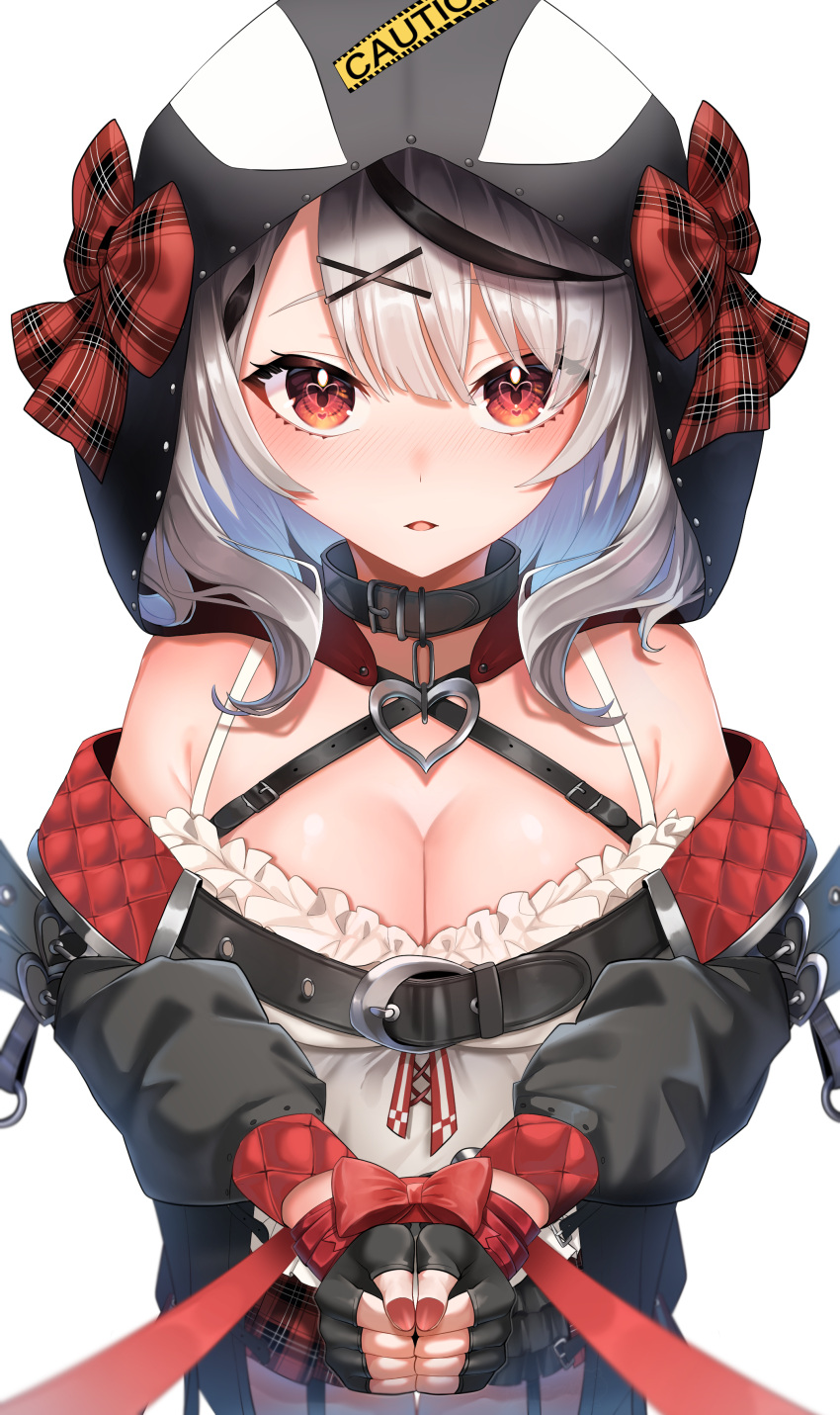 1girl :3 absurdres artist_request bare_shoulders black_collar black_hair bow breasts camisole caution cleavage collar fingerless_gloves frilled_camisole garter_straps gloves hair_ornament heart heart-shaped_pupils heart_collar highres holding_hands hololive holox hood hood_up large_breasts looking_at_viewer medium_hair multicolored_hair off-shoulder_jacket off_shoulder orca_hood plaid plaid_bow plaid_skirt red_eyes ribbon sakamata_chloe silver_hair skirt solo streaked_hair striped_horns symbol-shaped_pupils thighhighs virtual_youtuber white_camisole x_hair_ornament
