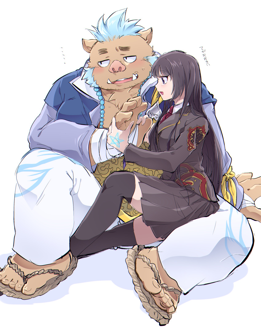 1boy 1girl absurdres animal_ears bandaged_hand bandages beads blue_hair blush boku002 breasts collared_shirt facial_hair full_body furry furry_male goryou_(housamo) highres jewelry large_pectorals long_hair male_focus master_2_(housamo) necklace necktie pectorals pig_boy pig_ears plump purple_eyes red_necktie sandals school_uniform shirt skirt smile stubble tokyo_afterschool_summoners