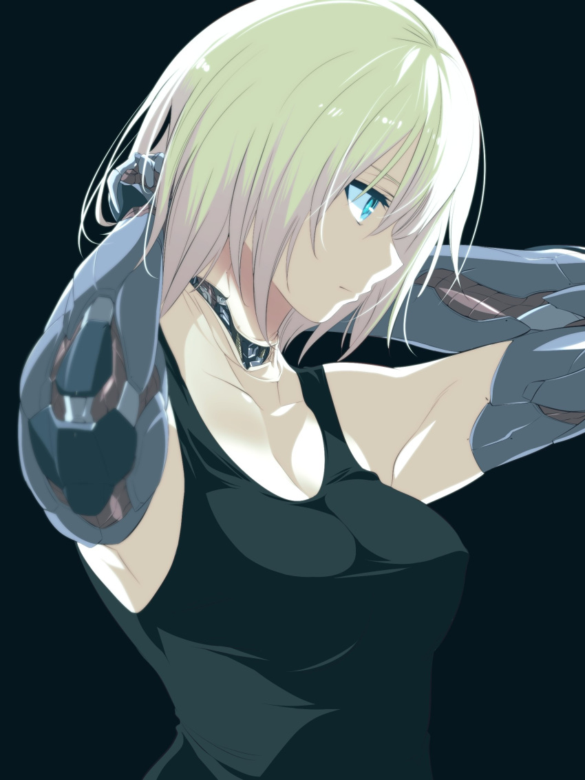 1girl absurdres android arms_behind_head black_background black_tank_top blonde_hair blue_eyes breasts cleavage collarbone eyebrows_visible_through_hair from_side highres ishiyumi looking_down mechanical_arms mechanical_buddy_universe medium_breasts momdroid_(mechanical_buddy_universe) science_fiction short_hair solo tank_top