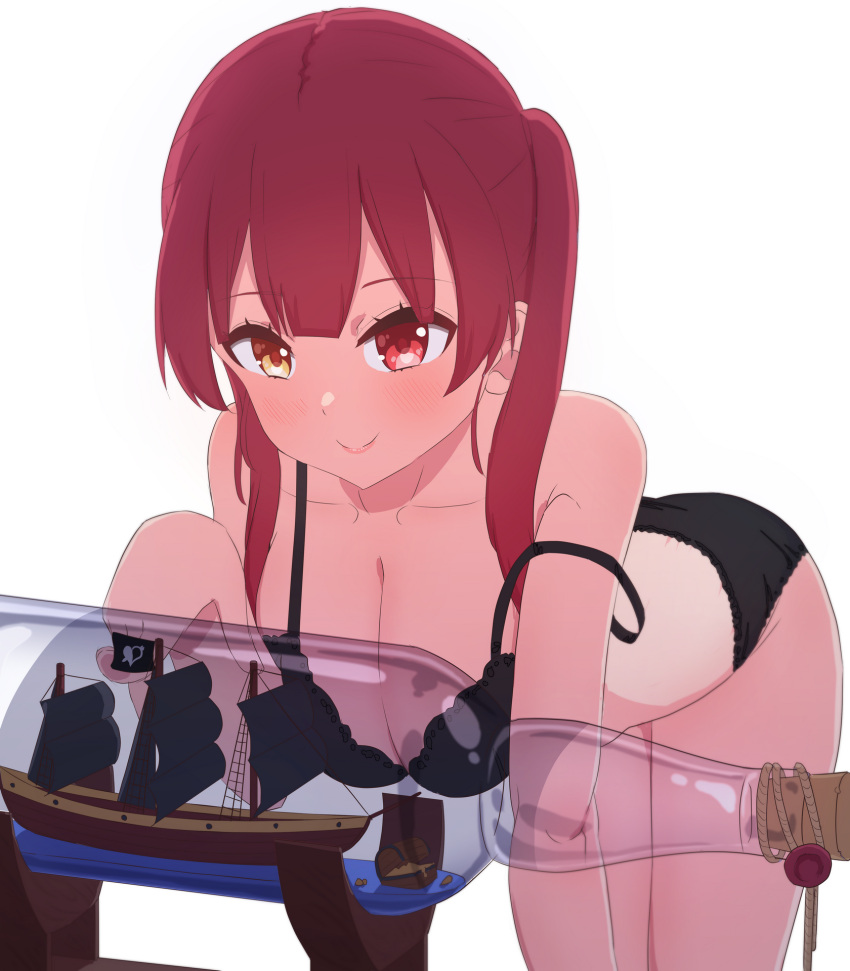 1girl blush bottle bra breasts closed_mouth eyebrows_visible_through_hair hair_over_shoulder heterochromia highres hololive houshou_marine large_breasts loeldrive panties red_eyes ship ship_in_a_bottle simple_background underwear virtual_youtuber watercraft white_background yellow_eyes