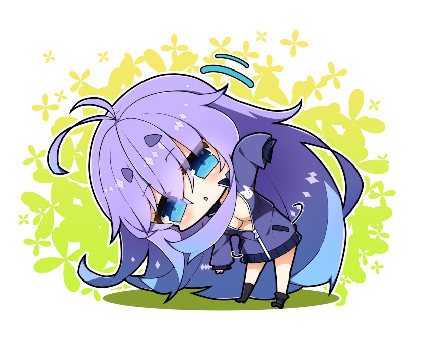 1girl :&lt; antenna_hair bangs black_socks blue_eyes blue_hair breasts chibi cleavage commentary_request full_body fuyou-chan gradient_hair hair_between_eyes highres jacket large_breasts leaning_to_the_side long_sleeves milkpanda motion_lines multicolored_hair no_shoes original parted_lips puffy_long_sleeves puffy_sleeves purple_hair purple_jacket short_eyebrows sleeves_past_fingers sleeves_past_wrists sock_pull socks solo standing thick_eyebrows track_jacket triangle_mouth