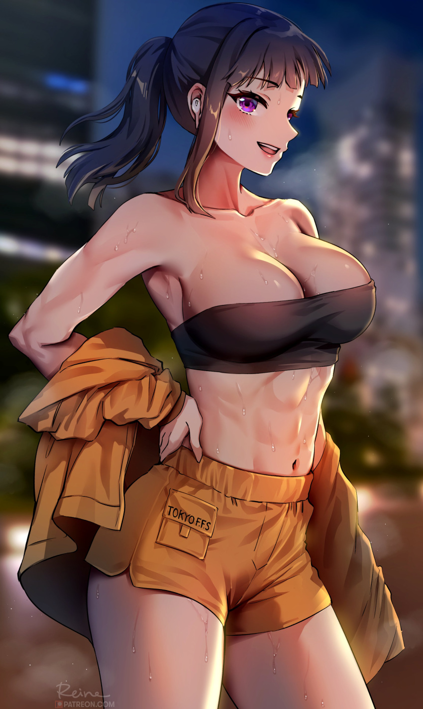1girl abs absurdres bangs bare_shoulders blunt_bangs blurry blurry_background breasts building collarbone commentary cowboy_shot en'en_no_shouboutai eyebrows_visible_through_hair foxyreine hand_on_hip highres jacket large_breasts looking_at_viewer maki_oze navel night night_sky orange_jacket orange_shorts outdoors ponytail short_shorts shorts sky skyscraper smile standing sweat thighs toned wide_hips