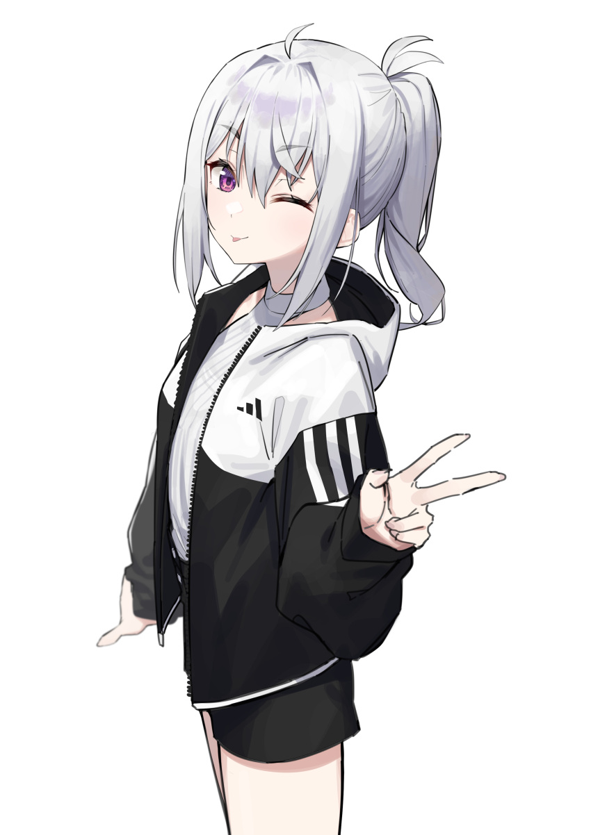 1girl absurdres adidas ahoge bangs black_jacket black_shorts eyebrows_visible_through_hair hair_between_eyes hair_intakes highres hood hood_down hooded_jacket jacket long_sleeves open_clothes open_jacket original ponytail puffy_long_sleeves puffy_sleeves purple_eyes shirt short_shorts shorts silver_hair simple_background sleeves_past_wrists solo syhan track_jacket white_background white_shirt