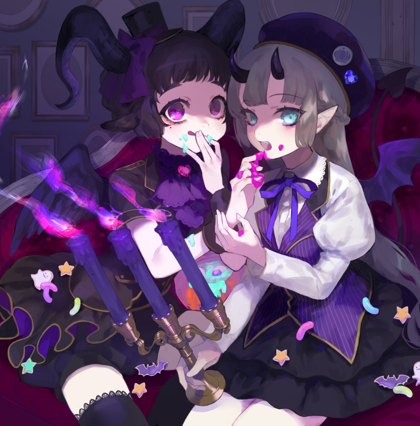 2girls :q animal_ears aqua_eyes bat_wings black_hair black_legwear black_shirt black_shorts black_skirt bow braid candle candlestand collared_shirt couch cowboy_shot crown_(symbol) demon_girl eyeball eyelashes eyeshadow feeding fire french_braid frilled_skirt frills goat_ears goat_girl goat_horns gold_trim grey_hair hat hat_bow heart heart_tail highres holding horns indoors jabot jack-o'-lantern juliet_sleeves lace-trimmed_collar lace-trimmed_legwear lace_trim liquid long_hair long_sleeves looking_at_viewer makeup mini_hat mini_top_hat mole mole_under_eye multiple_girls neck_ribbon on_couch open_mouth original picture_frame pink_eyes pink_fire pointy_ears puffy_shorts puffy_sleeves purple_bow purple_fire purple_headwear purple_ribbon purple_vest ribbon shirt short_hair short_sleeves shorts shou_(hanasakukoroni) sitting skirt star_(symbol) striped striped_shirt tail tareme thighhighs tongue tongue_out top_hat tsurime vertical-striped_shirt vertical_stripes very_long_hair vest white_shirt wings wrist_cuffs