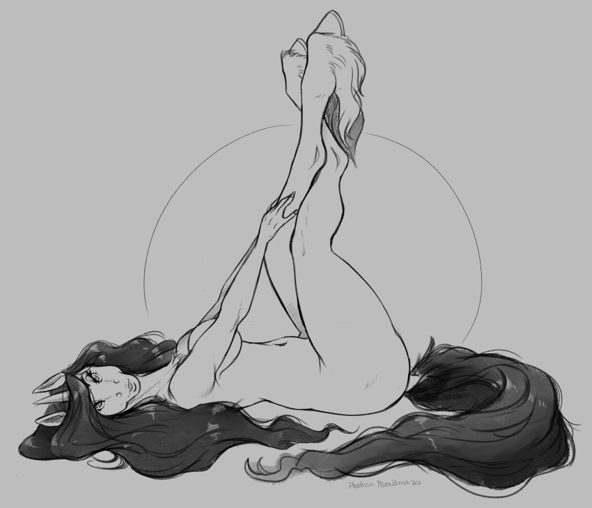 absurd_res anthro dock equid equine eyelashes female fetlocks hand_on_knee hand_on_leg hi_res hooves horn legs_up looking_at_viewer lying mammal navel nude on_back phathusa simple_background sketch solo strategically_covered thick_thighs unicorn