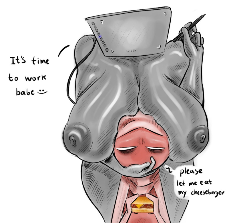 2022 animate_inanimate big_breasts breasts burger dialogue drawing_tablet duo english_text female food for_a_head grey_body head_between_breasts hi_res huge_breasts human human_on_humanoid humanoid interspecies larger_female larger_humanoid male male/female mammal not_furry nude object_head redviewer_55 simple_background size_difference smaller_human smaller_male tablet text white_background xp-pen