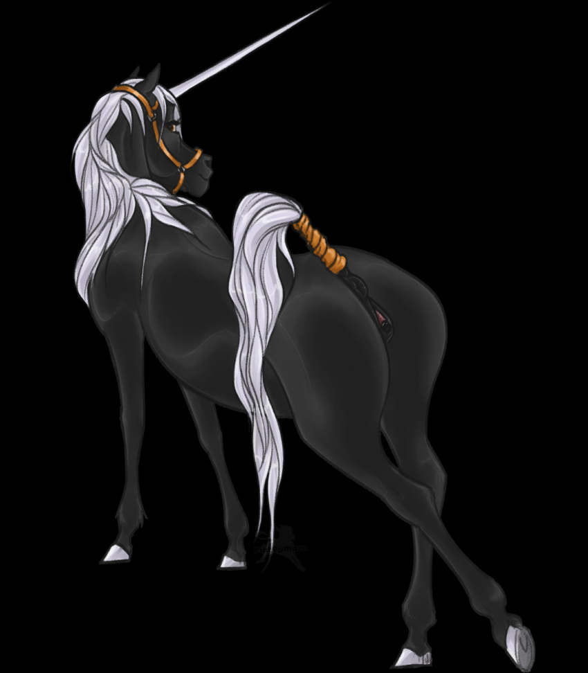 alisian anatomically_correct anatomically_correct_anus anatomically_correct_genitalia anatomically_correct_pussy animal_genitalia animal_pussy anus black_background black_body bridle butt detailed digital_drawing_(artwork) digital_media_(artwork) equid equine equine_anus equine_pussy eyelashes female feral fluffymare genitals hi_res hooves horn horse looking_at_viewer mammal mane presenting presenting_anus presenting_hindquarters presenting_pussy pussy raised_tail simple_background smile solo tail_wraps unicorn white_mane white_tail wraps