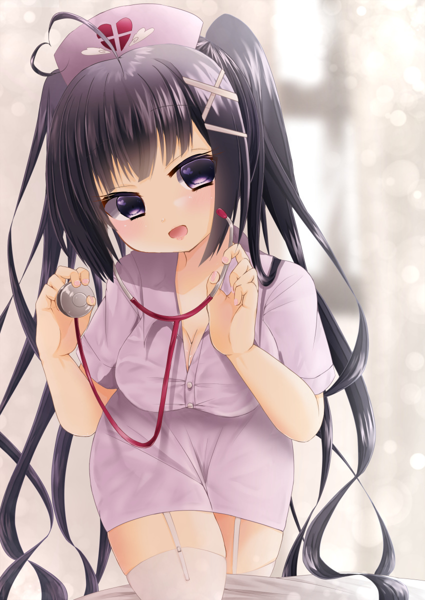 1girl absurdres ahoge bangs black_eyes black_hair blouse blurry blurry_background breasts buttons cleavage garter_straps hair_ornament hairclip hat heart heart_print highres holding_stethoscope large_breasts long_hair looking_at_viewer nooks1336 nurse nurse_cap original pink_blouse pink_headwear solo stethoscope thighhighs twintails white_legwear