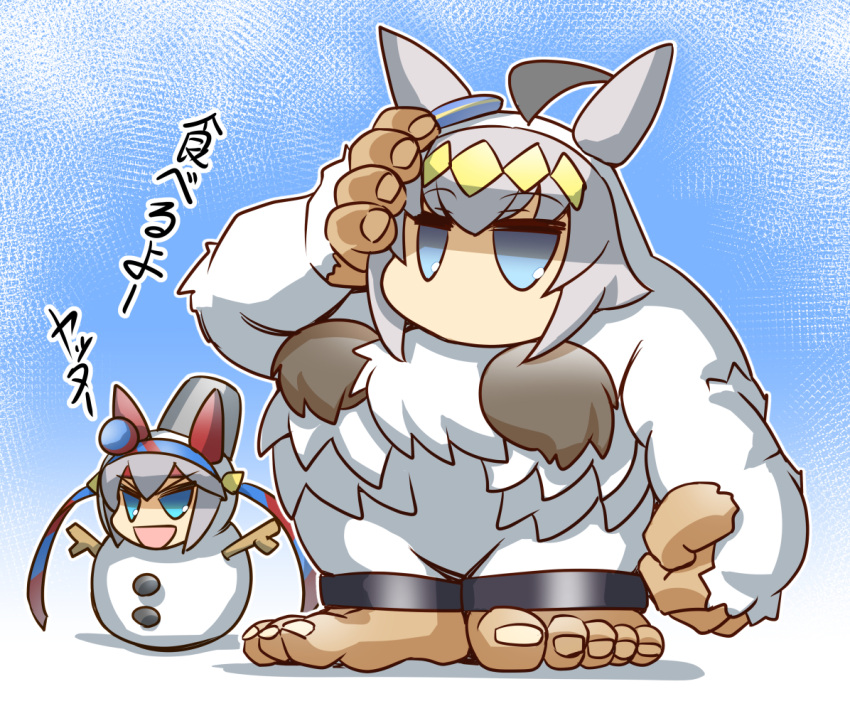 2girls ahoge aqua_eyes bangs bucket bucket_on_head chibi cosplay ear_covers eyebrows_visible_through_hair grey_hair hair_between_eyes hairband headband hisahiko jitome multicolored_hair multiple_girls object_on_head oguri_cap_(umamusume) sasquatch_(vampire) sasquatch_(vampire)_(cosplay) silver_hair snowman tamamo_cross_(umamusume) translation_request two-tone_hair umamusume vampire_(game) yellow_hairband