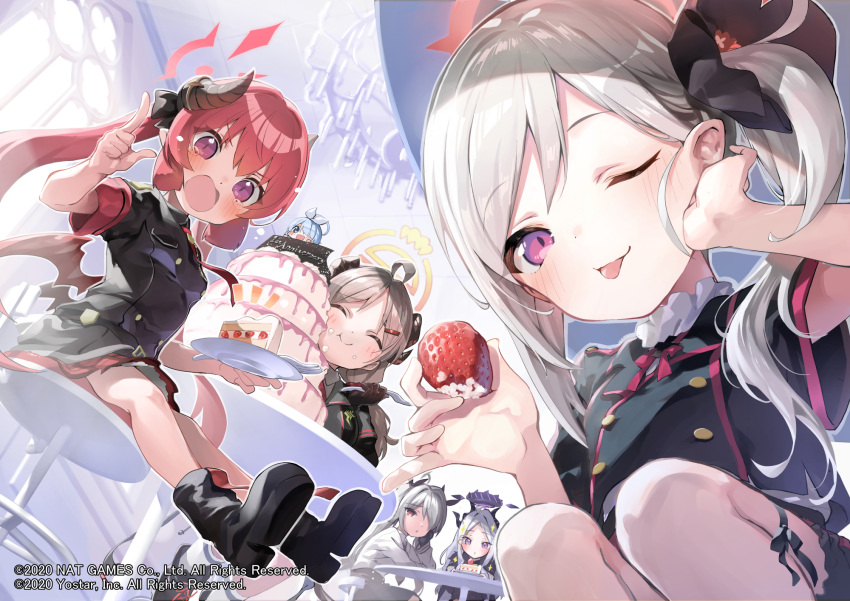5girls :t ;p ^_^ ahoge arona_(blue_archive) bangs black_flower black_footwear black_jacket black_skirt blue_archive blush boots breasts brown_gloves cake cake_slice closed_eyes closed_mouth commentary_request demon_horns eating ekakibito eyebrows_visible_through_hair feet_out_of_frame flower food fork fruit gloves grey_hair hair_flower hair_ornament hairclip halo highres hina_(blue_archive) holding holding_food holding_fork holding_plate horns indoors iori_(blue_archive) izumi_(blue_archive) jacket junko_(blue_archive) layer_cake long_hair low_wings medium_breasts multiple_girls multiple_horns mutsuki_(blue_archive) official_art one_eye_closed parted_bangs plate pleated_skirt pointing purple_eyes red_hair red_skirt red_wings shirt shoe_soles short_sleeves side_ponytail skirt strawberry table tears tongue tongue_out twintails very_long_hair white_shirt wings