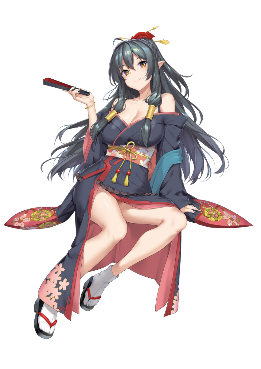 1girl arifureta_shokugyou_de_sekai_saikyou bare_shoulders black_hair folding_fan hair_ornament hand_fan highres holding holding_fan japanese_clothes kimono long_hair long_sleeves obi official_art pointy_ears sash simple_background sitting socks solo takayaki tio_clarce white_background yellow_eyes yukata zouri