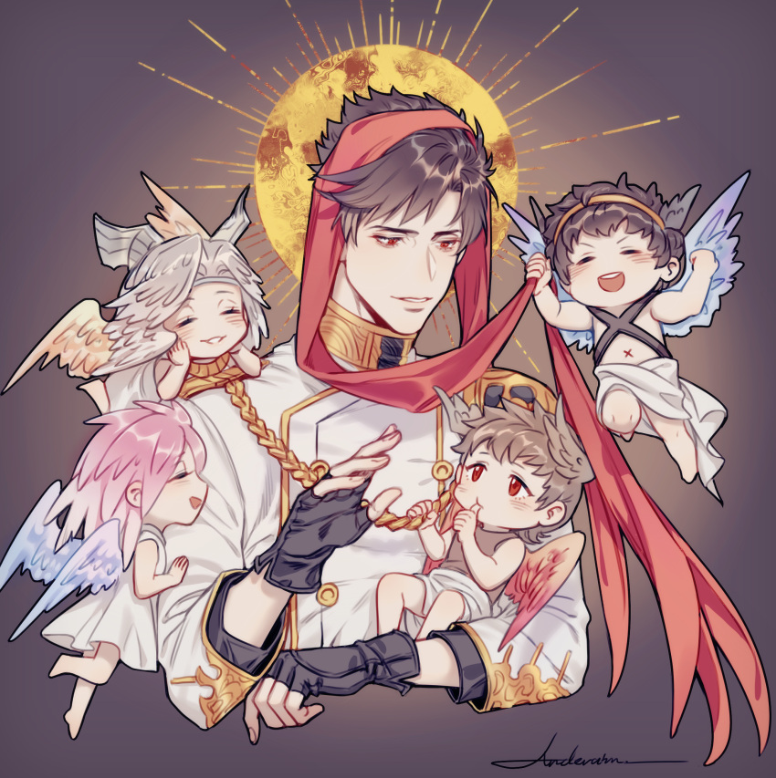 2girls 3boys anderain artist_name baby baby_carry bangs belial_(granblue_fantasy) black_gloves black_hair blush brown_hair carrying closed_eyes fingerless_gloves gabriel_(granblue_fantasy) gloves granblue_fantasy high_collar highres jacket looking_at_another michael_(granblue_fantasy) multiple_boys multiple_girls official_alternate_costume open_mouth pink_hair raphael_(granblue_fantasy) red_eyes short_hair single_shoulder_pad smile uriel_(granblue_fantasy) white_hair white_jacket wings