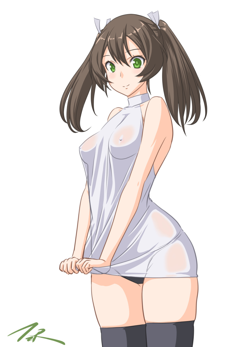 1girl artist_name black_legwear black_panties brown_hair clothes_pull commentary_request covered_nipples cowboy_shot dated green_eyes hair_ribbon highres kantai_collection long_hair panties ribbon see-through simple_background sleeveless sleeveless_sweater solo sweater sweater_pull t2r thighhighs twintails underwear white_background white_ribbon white_sweater zuikaku_(kancolle)