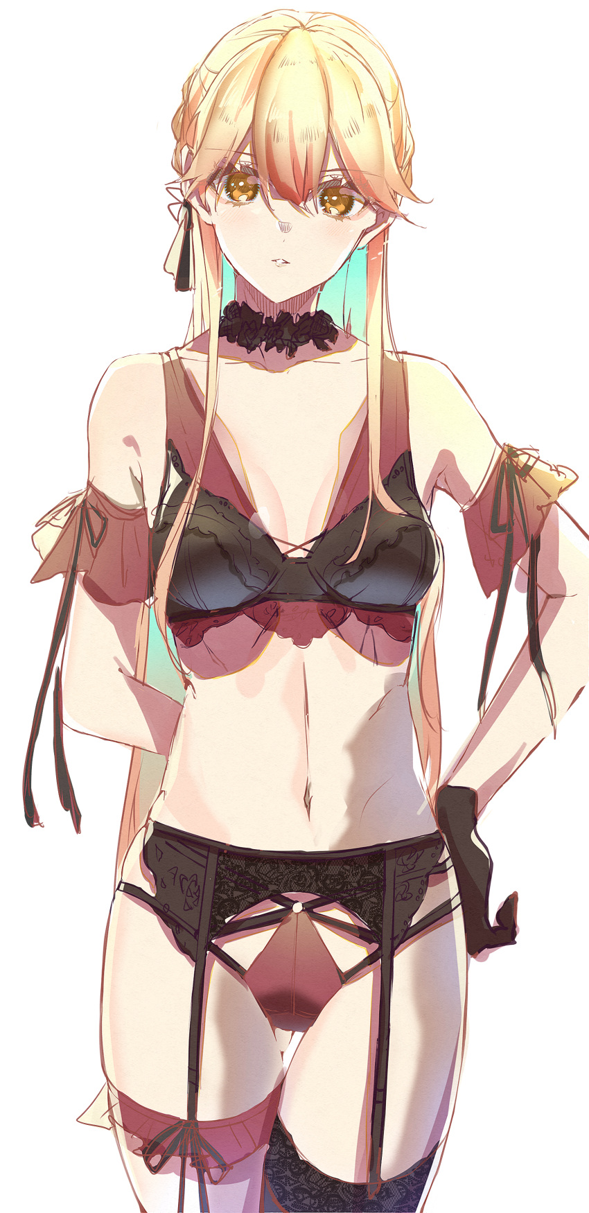 1girl absurdres black_bra black_choker black_gloves black_legwear black_panties blonde_hair bra breasts choker closed_mouth collarbone e_sky_rugo eyebrows_visible_through_hair feet_out_of_frame garter_belt girls'_frontline gloves hair_ribbon hand_on_back hand_on_hip highres lingerie long_hair looking_at_viewer medium_breasts navel ots-14_(girls'_frontline) panties revision ribbon simple_background solo standing thighhighs underwear yellow_eyes